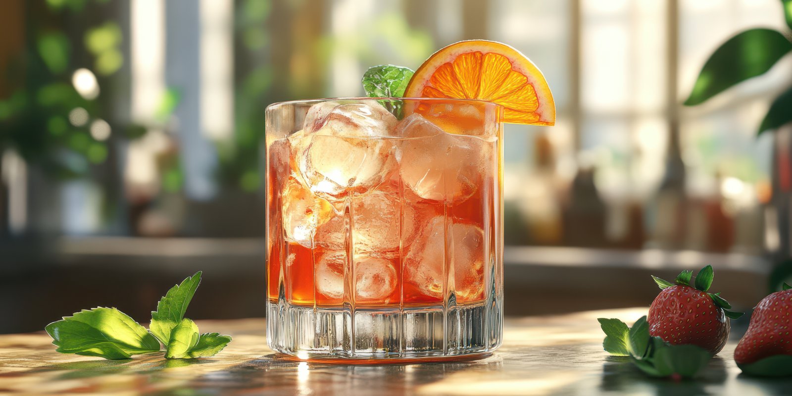 Refreshing cocktail with citrus garnishes served on a wooden table in a bright, lively bar during the afternoon